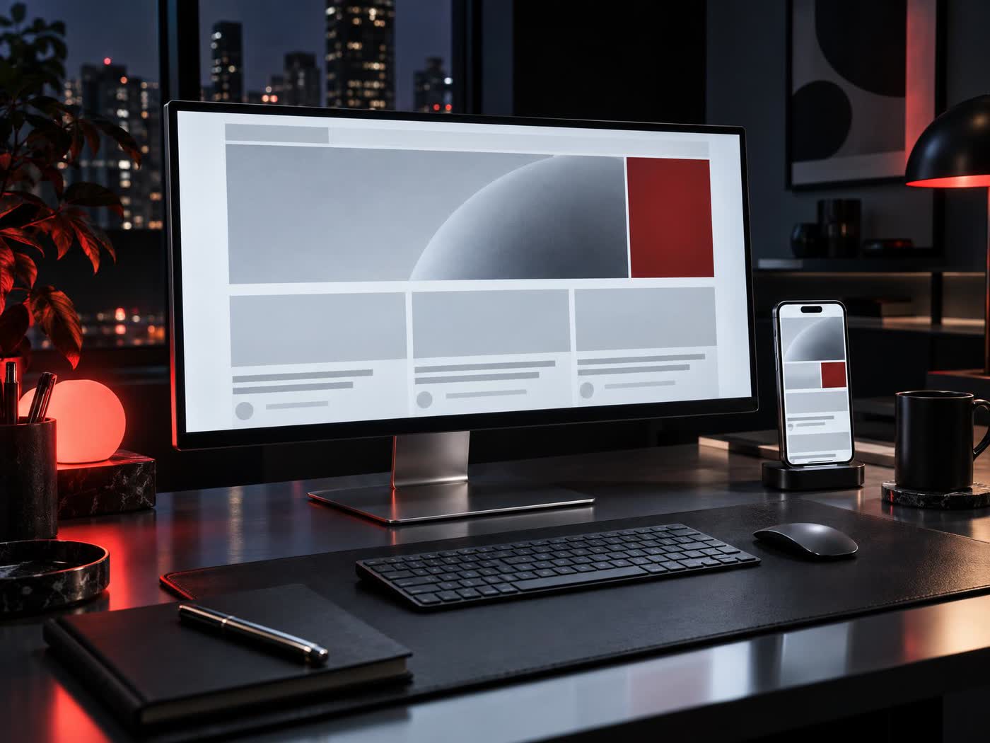 A wide desk at night with a large monitor showing a clean abstract website layout in soft grey blocks, a phone beside it showing the same layout stacked narrow.
