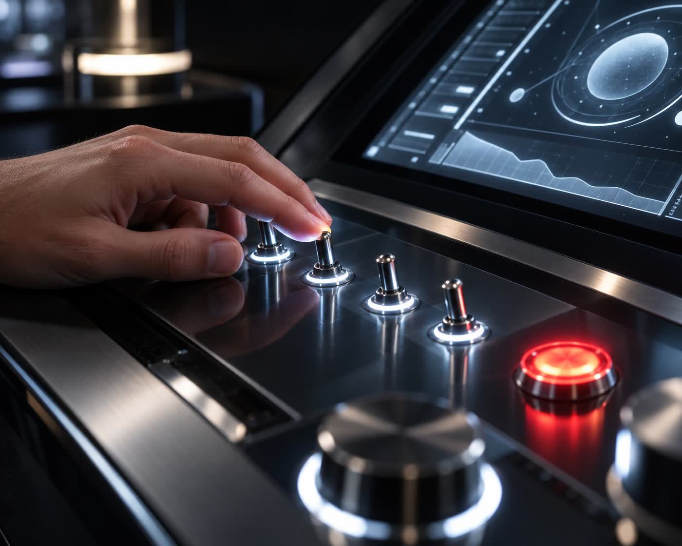A hand resting on a sleek modern control surface, fingertips lit by the glow of a row of illuminated toggles and a single bright crimson indicator.