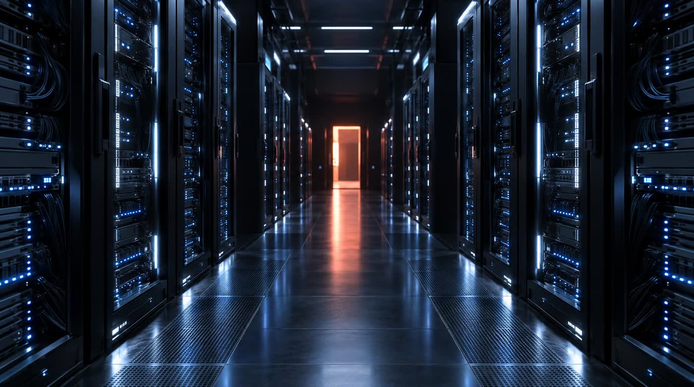 A dark server aisle at night receding into the distance, racks glowing with soft blue indicator lights down both sides, one bright warm doorway of light at the far.