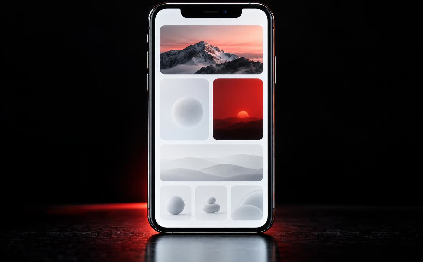 An open hand holding a phone out toward the camera, the screen bright and clean with a simple abstract layout on it, everything behind falling to black.