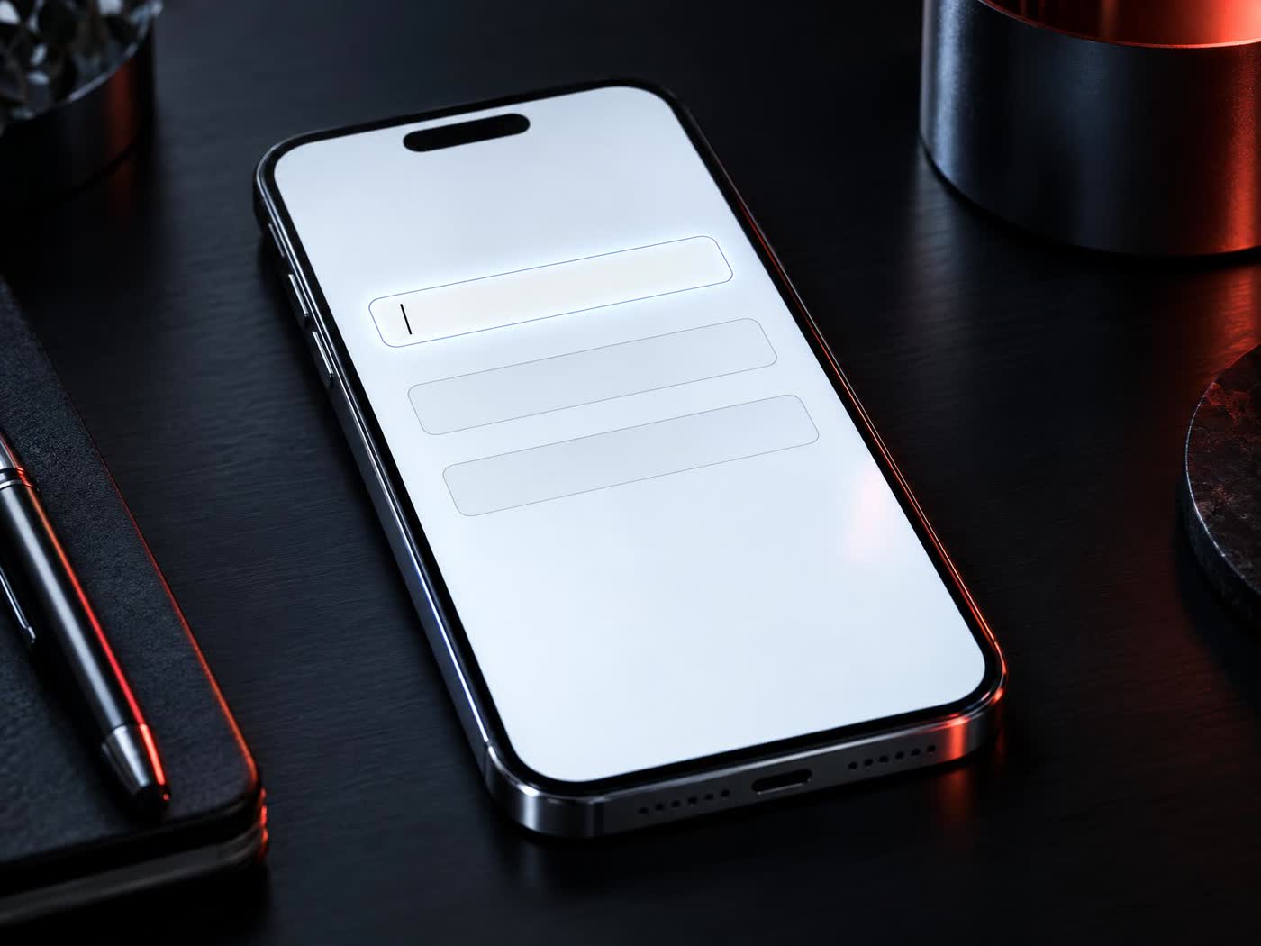 A phone lying face up on a dark desk showing a clean empty form, three blank input fields glowing softly on a plain interface, a cursor resting in the first one.