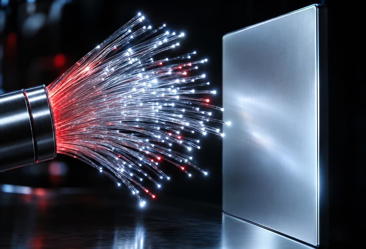 A bundle of bright fibre optic strands fanned out in the dark, their tips glowing intensely, reaching toward a smooth blank panel with no sockets in it at all.