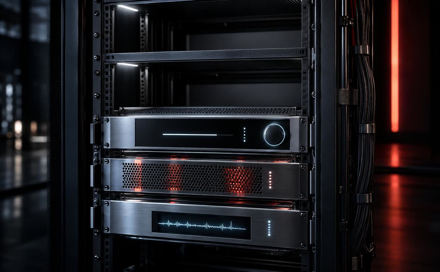 A modern equipment rack in the dark with three units seated and lit in the lower bays and two bays standing empty above them, cables dressed neatly to one side.