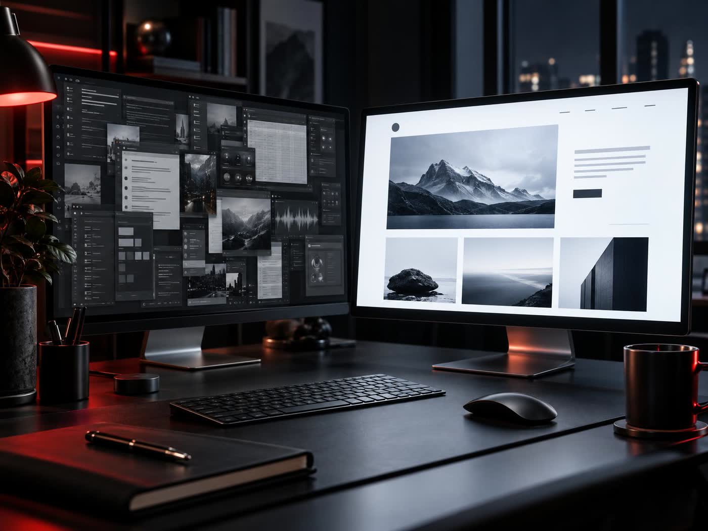 Two screens angled toward each other on a dark desk, one showing a cluttered crowded layout in dim grey, the other a clean simple layout glowing brighter and sharper.