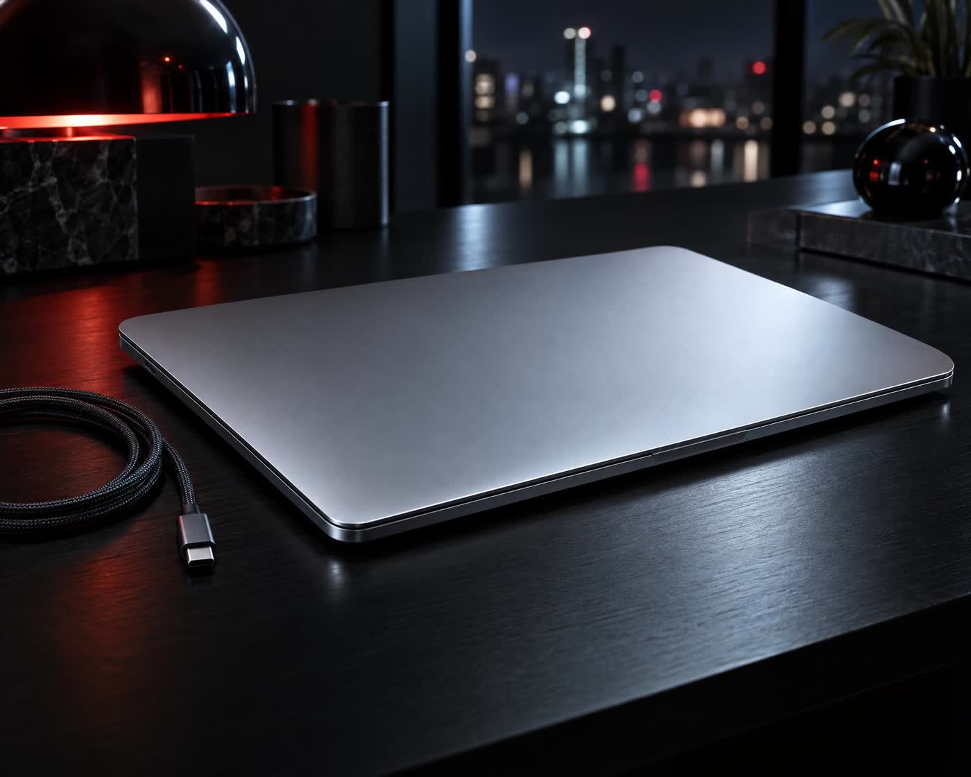 A slim modern laptop closed flat on a dark desk, its lid a plain unbroken slab of aluminium with nothing on it, a single unplugged cable lying coiled beside it.
